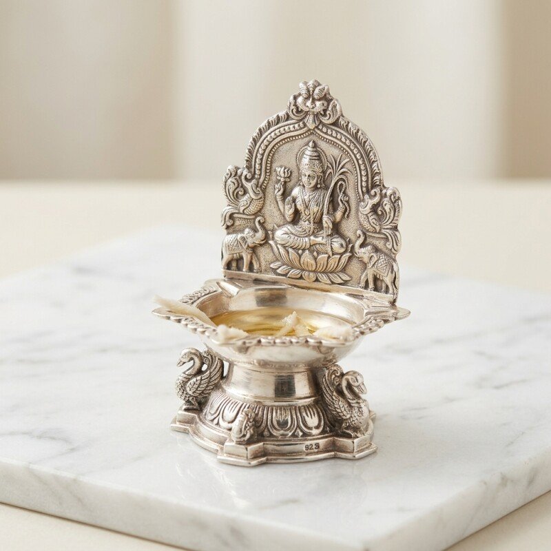 Pure 92.5 Sterling Silver Kamakshi Amman Vilakku (Traditional Pooja Lamp)