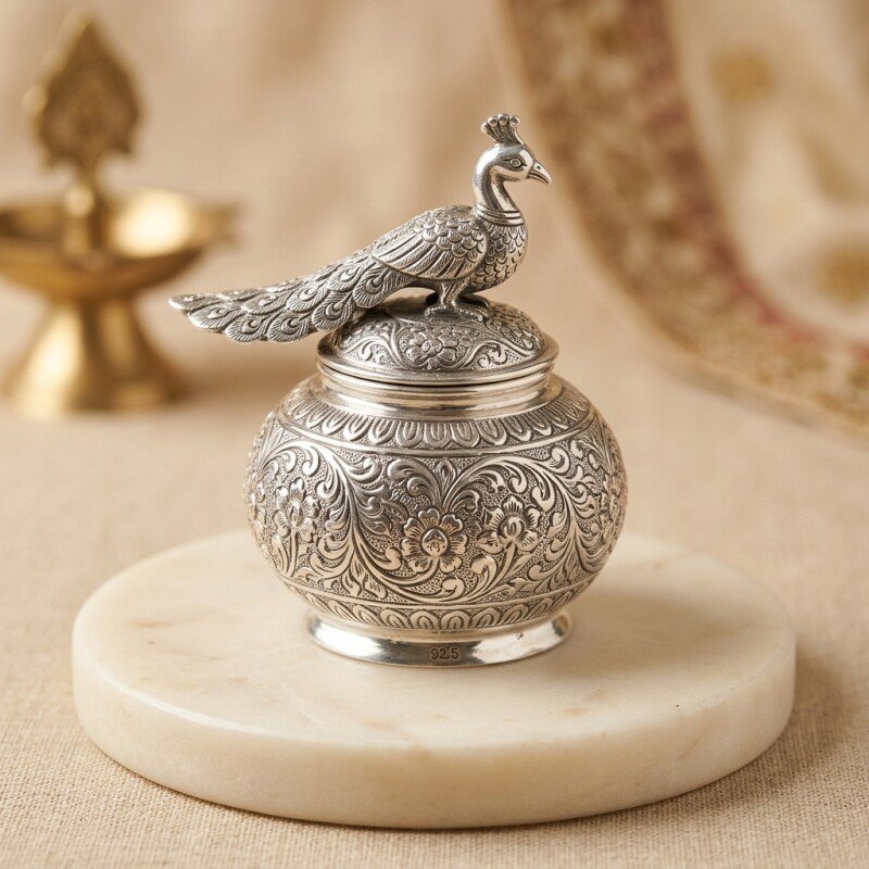 Pure 92.5 Sterling Silver Peacock Kumkum Chimizh | Coimbatore Silver Pooja & Return Gifts