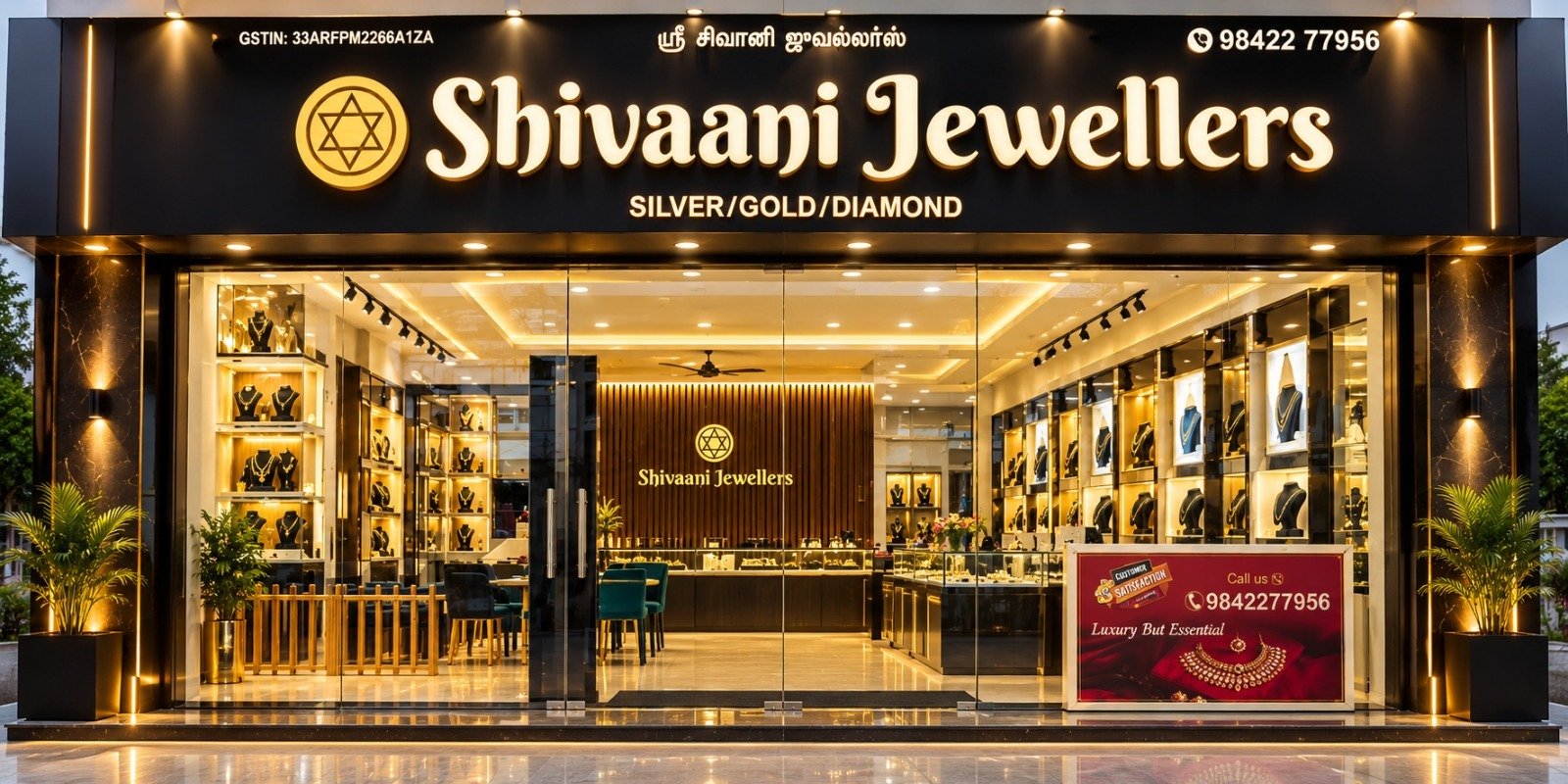 "Shivaani Jewellers showroom entrance in NGGO Colony Thudiyalur Coimbatore"